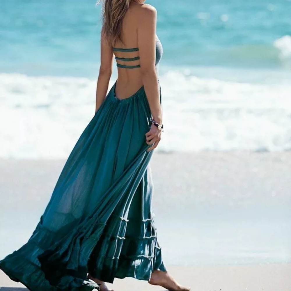 New Boho Halter Strappy Backless Hi Low Maxi Dress - Picture 4 of 11